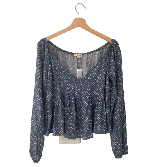 Pacsun Shirt Womens Small Mini Floral Peplum Babydoll Long Sleeve VNeck Blue NWT - Picture 2 of 8